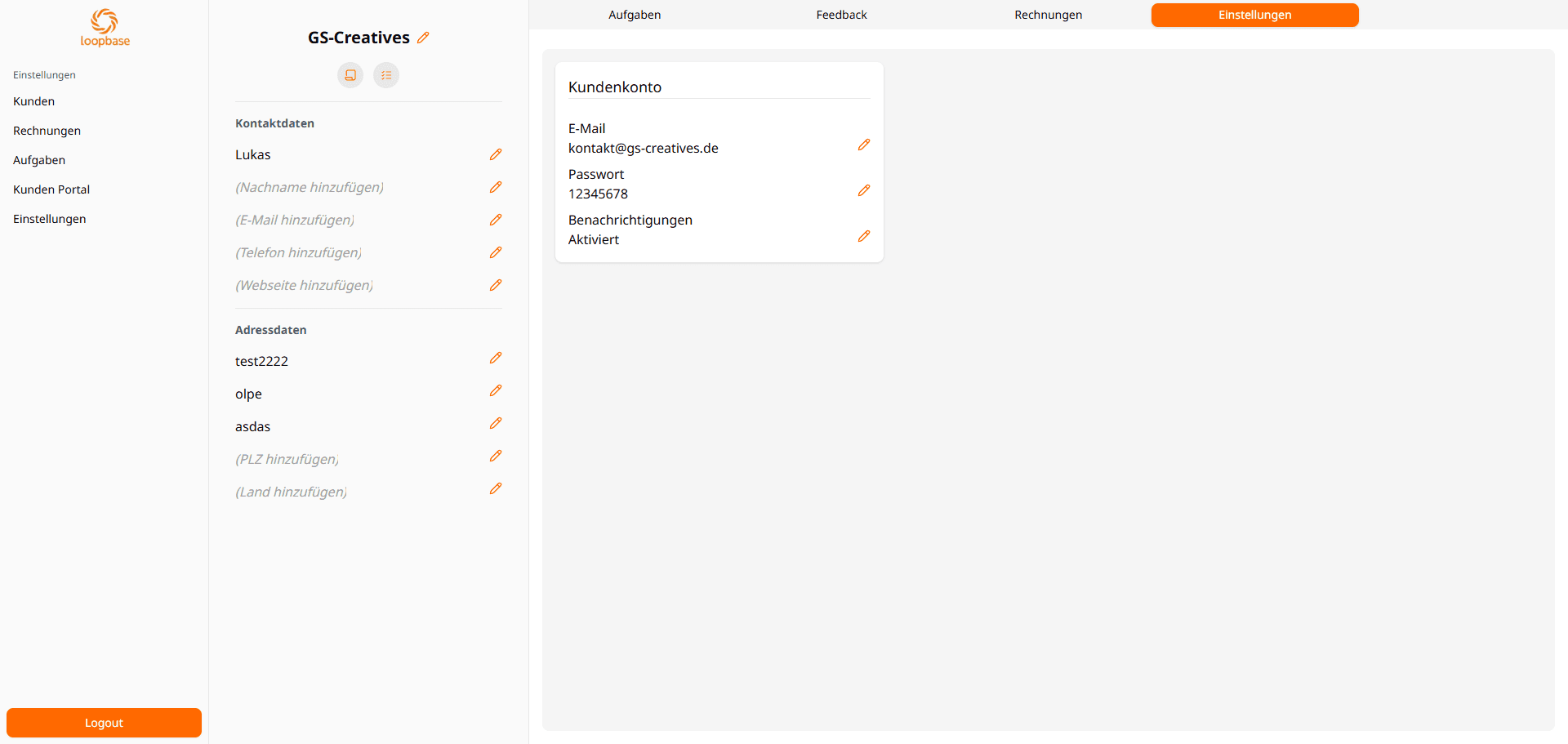 Kundenportal Einstellungen Preview